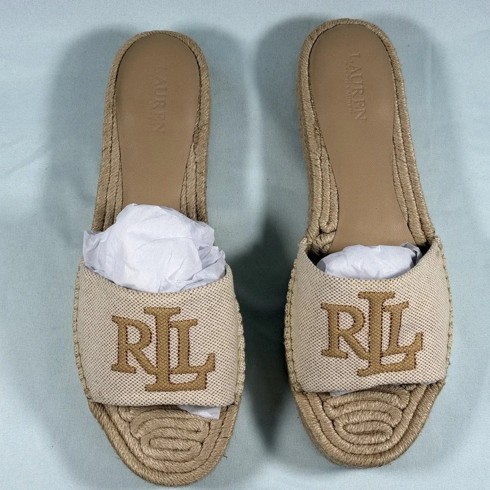 Lauren Ralph Lauren Size-9M Women's Polly Espadrille Flat‎ Sandals Beige Denim